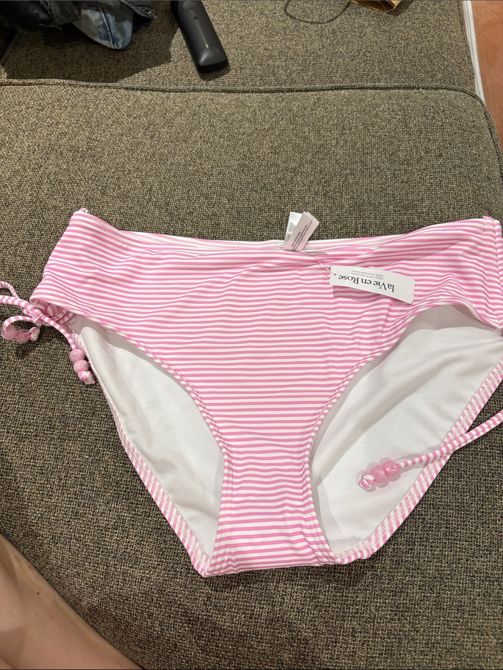 La Vie En Rose Pink and White Striped Tie-Side Bikini Bottom